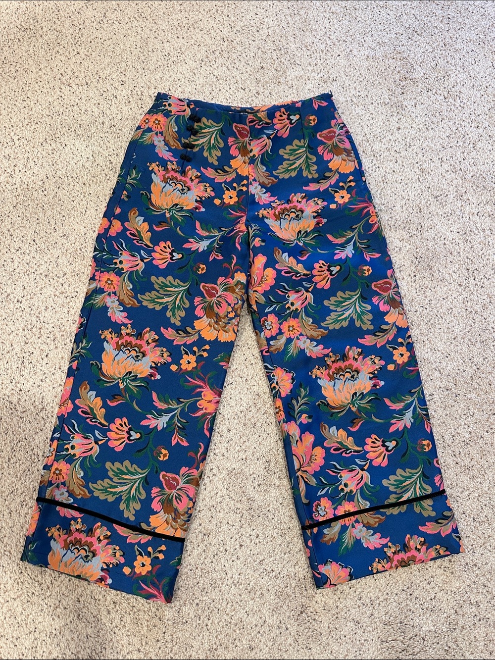 Zara Floral Wide-Leg Pants in Teal Blue